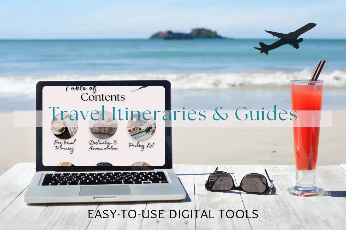 Shop for earthy neutral digital travel itineraries and templates to organize for next trip.